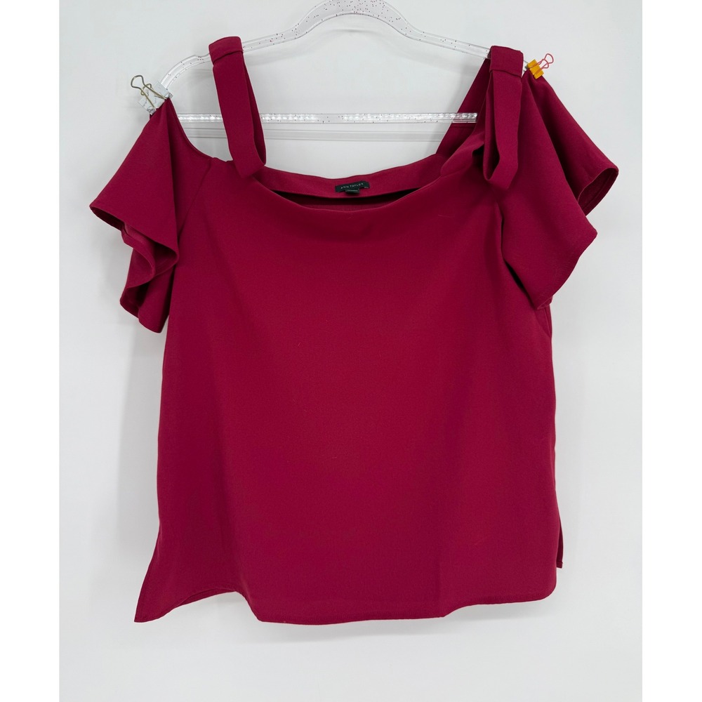 Ann Taylor Womens Cold Shoulder Blouse Dark Pink Square Neck Flutter Sleeve Sz M